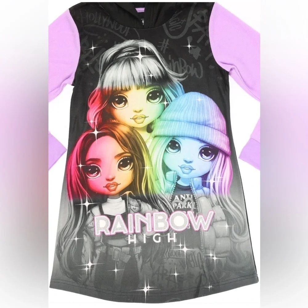 NWOT Rainbow High Girls Dorm Pajama Top in Black with Purple Sleeve & Glitter